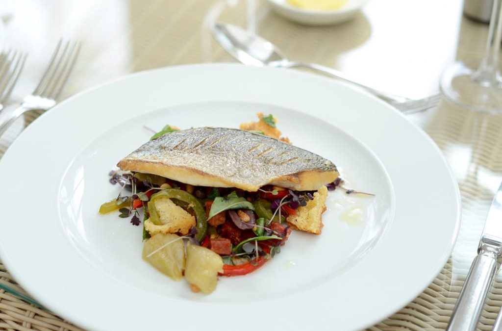 Roasted Fillet of Sea Bream with Peppenatta Salad, Chorizo and Olive Oil